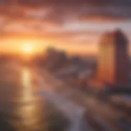 Panoramic view of Atlantic City resorts at sunset