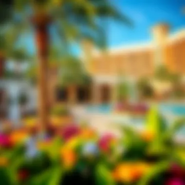 A breathtaking pool area with cabanas and vibrant landscaping in a Las Vegas hotel