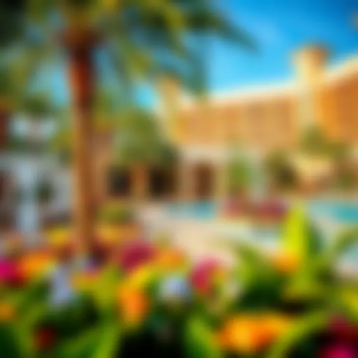 A breathtaking pool area with cabanas and vibrant landscaping in a Las Vegas hotel