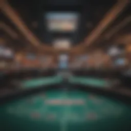 An overview of a stadium blackjack setup showcasing multiple screens and players engaged.