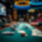 A dramatic poker table setup with luxury chips and cards