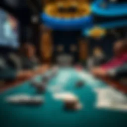 A dramatic poker table setup with luxury chips and cards