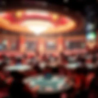 High Stakes Unfold: The Venue of Alpha 8 A panoramic view of a high-stakes poker tournament setting