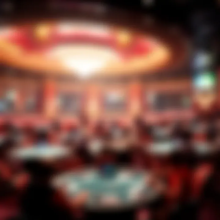 High Stakes Unfold: The Venue of Alpha 8 A panoramic view of a high-stakes poker tournament setting