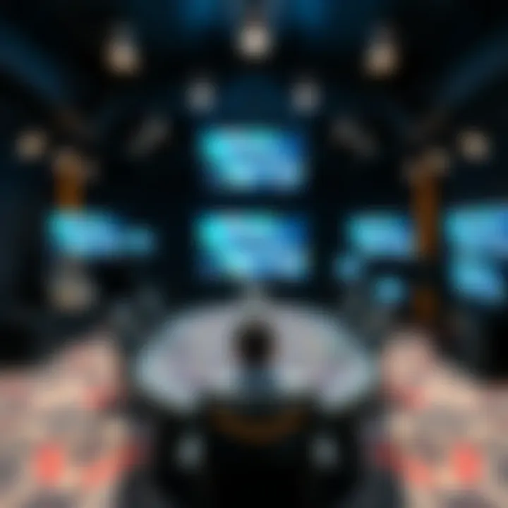 The Evolution of Poker Broadcasting Technology A modern poker studio with high-tech broadcasting equipment.