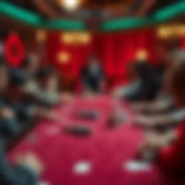 A strategic overview of a poker table with players in focus