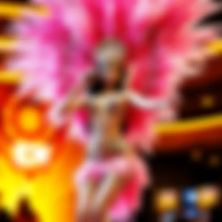 Dazzling Showgirl Performance A dazzling showgirl in an elaborate feathered costume performing on stage