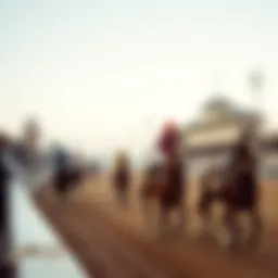 A vintage horse racing scene at a bustling racetrack