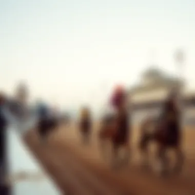 A vintage horse racing scene at a bustling racetrack