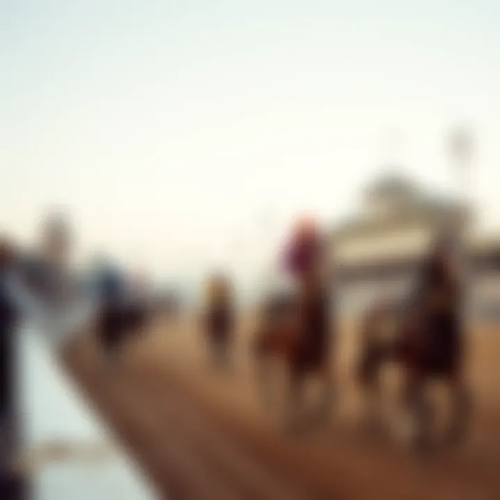 A vintage horse racing scene at a bustling racetrack