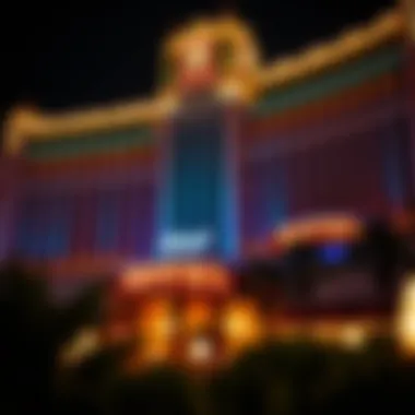 The exterior of a themed Las Vegas hotel illuminated at night, showcasing its unique architecture